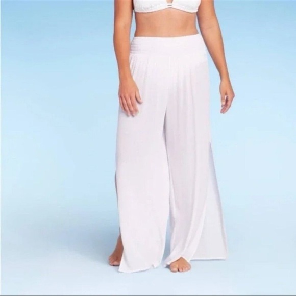 NWT!! Kona Sol Smocked Waist Side-Split White Cover-up Swim Pants - Picture 1 of 13